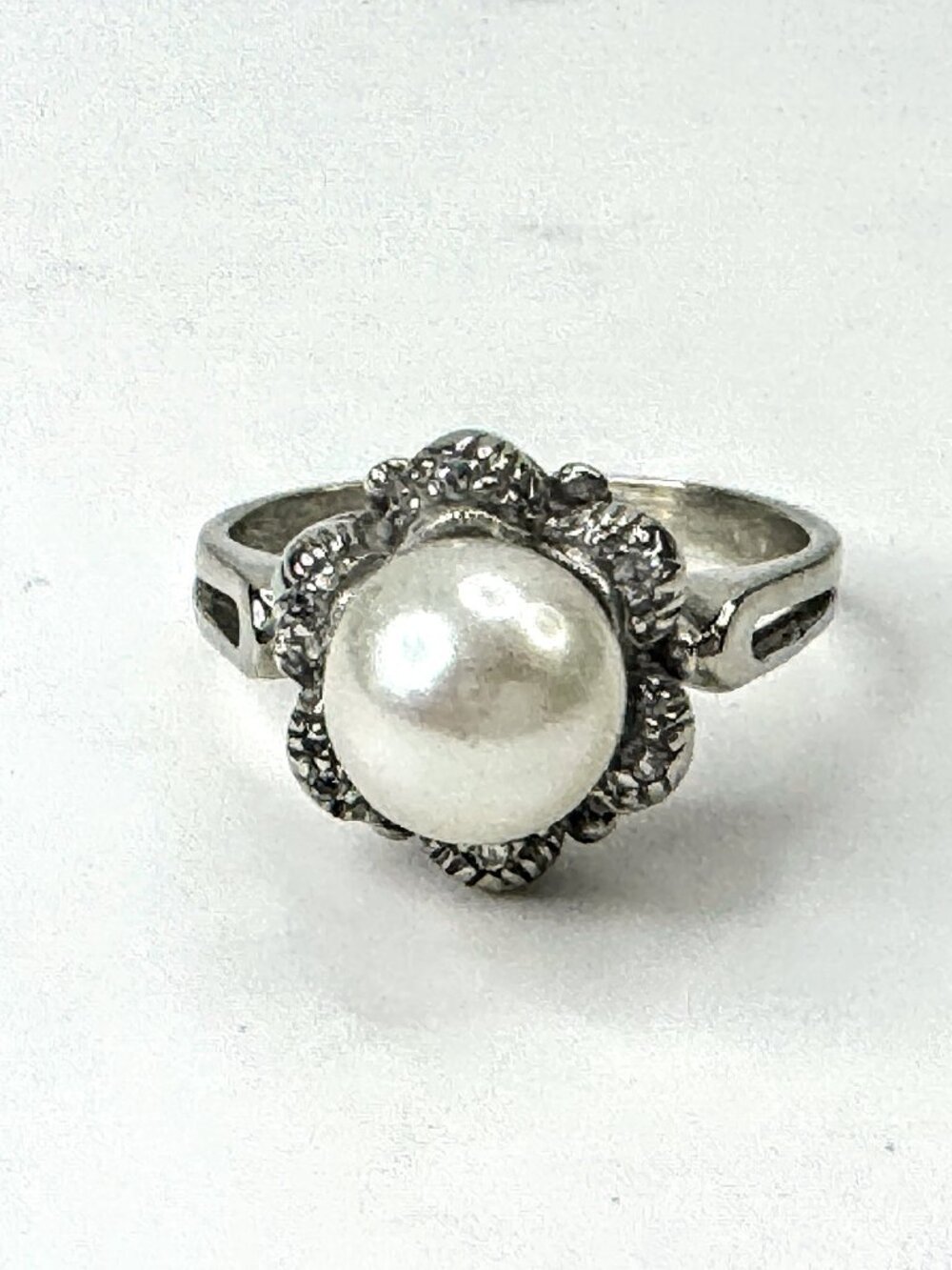 Antique 18K White Gold Pearl Diamond Accent Ring Edwardian Style Sz 5 JR1676